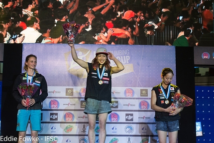 Bouldering World Cup 2016 - Monika Retschy, Miho Nonaka and Akiyo Noguchi, women's podium at Navi Mumbai in India
