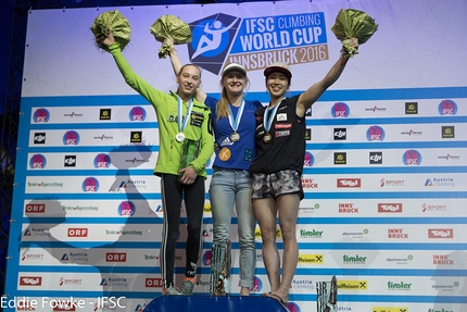 Bouldering World Cup 2016, Innsbruck - 2. Janja Garnbret 1. Shauna Coxsey 3. Miho Nonaka, female podium of fifth stage of the Bouldering World Cup 2016 at Innsbruck