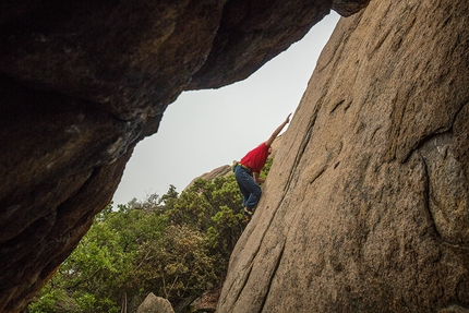 Mt. Woodson, bouldering, California, USA - Enrico Baistrocchi climbing at Mt. Woodson
