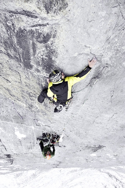 Japanese Diretissima, Eiger - Roger Schäli during the first ascent of the 