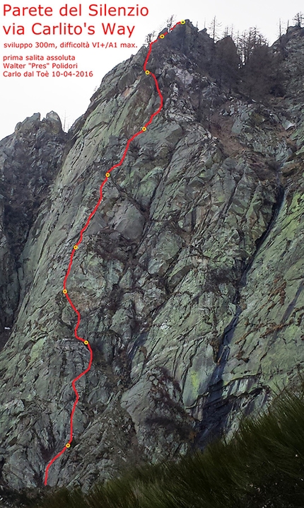Parete del Silenzio, Valle del Lys, Valle di Gressoney, arrampicata - Carlito's Way (VI+/A1, 230m, Walter Polidori, Carlo dal Toè, 17-11-2015 e 10-04-16.), Valle del Lys, Valle di Gressoney,