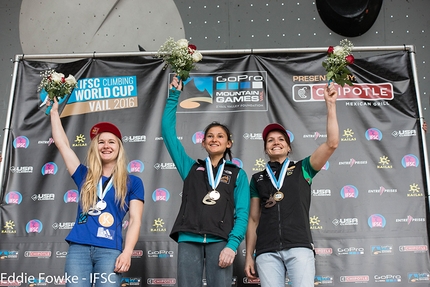 Bouldering World Cup 2016, Vail - Shauna Coxsey, Megan Mascarenas and Anna Stöhr, women's podium at Vail, USA