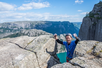 Preikestolen, Pulpit rock, Norway, climbing - Jon Egil Auestad and Øyvind Salvesen making the first ascent of #Norwegianstyle (200m, 7a+), Preikestolen, Norway