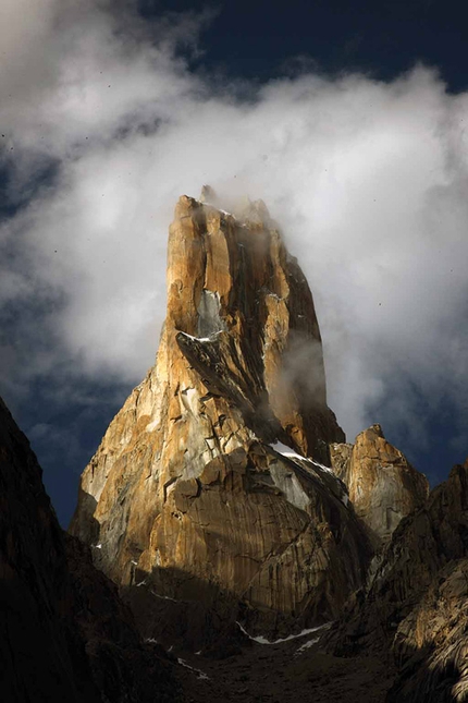 Eternal Flame, Nameless Tower, Trango, Karakorum, Pakistan - The West Face of Nameless Tower, also referred to as Trango Tower, Karakorum, Pakistan. Eternal Flame runs up the right skyline of the tower, which is actually its south buttress. The first ascent of Trango Tower was carried out in 1976 by Mo Anthoine, Martin Boysen, Joe Brown and Malcolm Howells.
