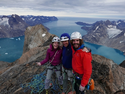 Mythic Circle, Greenland, climbing - Vikki Weldon, Paul Mcsourley and Paolo Marazzi on the summit of their Cindarella ridge, Hidden Tower, Mythic Circle, Greenland