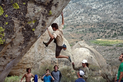 Chris Sharma - Chris Sharma repeating his 2000 testpiece, The Mandala at the Buttermilks in front of his Yo! Basecamp summer bouldering class.