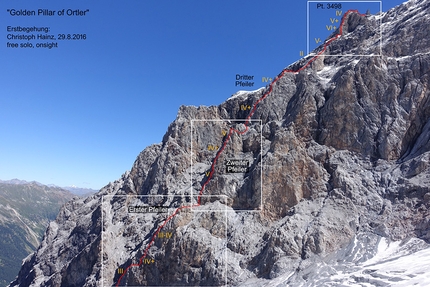 Christoph Hainz, Ortler, Golden Pillar of Ortler - SW Face of Ortler and the route line of 'Golden Pillar of Ortler' first ascended on 29/08/2016 by Christoph Hainz