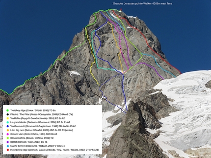 Grandes Jorasses, Mont Blanc, Maxim Foygel, Roman Gorodischenskiy - The routes up the East Face of the Grandes Jorasses
