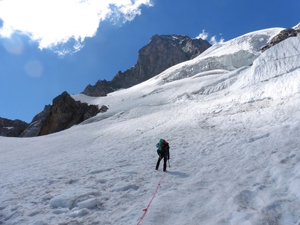 Grandes Jorasses, Mont Blanc, Maxim Foygel, Roman Gorodischenskiy - On the Freboudze glacier, heading towards the Grandes Jorasses