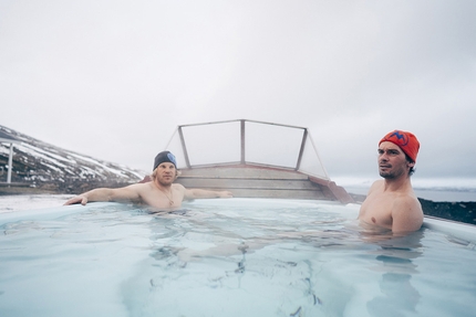 Iceland, ice climbing, Albert Leichtfried, Benedikt Purner - Albert Leichtfried in Benedikt Purner relaxing in a hot tub in Iceland