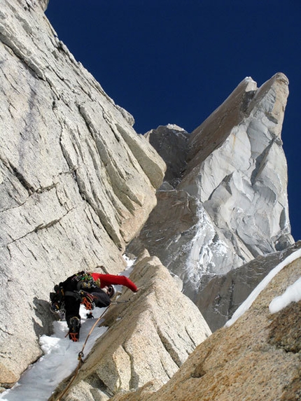 Patagonia - Ermanno Salvaterra climbing the first pitch on Cerro Torre in Patagonia