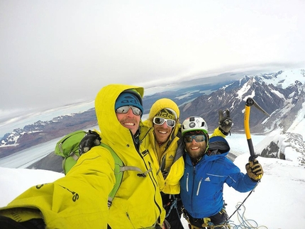 Cerro Murallon, Patagonia, David Bacci, Matteo Bernasconi, Matteo Della Bordella - Matteo Della Bordella, Matteo Bernasconi and David Bacci on the summit of Cerro Murallon in Patagonia after having made the first ascent of the East Face