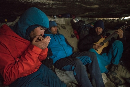 Paine Towers, Patagonia, El Regalo de Mwono, Nicolas Favresse, Sean Villanueva, Siebe Vanhee - Sean Villanueva, Siebe Vanhee and Nicolas Favresse sitting out a storm while making the first free ascent of 'El Regalo de Mwono' up the East Face of Central Tower of Paine, Patagonia
