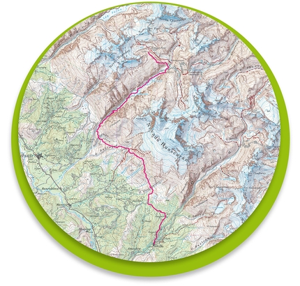 Ande trail, Cordillera Blanca, Perù, Sud America - La mappa del Ande trail attorno al Nevado Huascaran in Perù, una delle corse in alta quota più alte al mondo. Lo sviluppo completo è di circa 40 Km complessivi, con dislivello positivo di 3.676 m. e un dislivello negativo di 2060 m. Il percorso si snoda sulle pendici del Monte Huascaran, fino a toccare il punto più alto della gara a quota 4.700 m (rifugio Huascaran). La competizione prosegue verso il massiccio montuoso del Monte Pisco, fino a concludersi nel rifugio omonimo a quota 4.670 m.