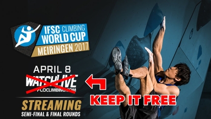 Arrampicata sportiva, Coppa del Mondo  - La foto usata nella petizione online per abolire il cannone e per vedere gratis le gare di Coppa del Mondo di arrampicata sportiva