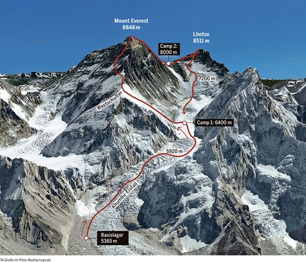 Ueli Steck, Everest Lhotse traversata - La traversata Everest - Lhotse e la linea di salita che, idealmente, verrà salita da Ueli Steck e Tenji Sherpa