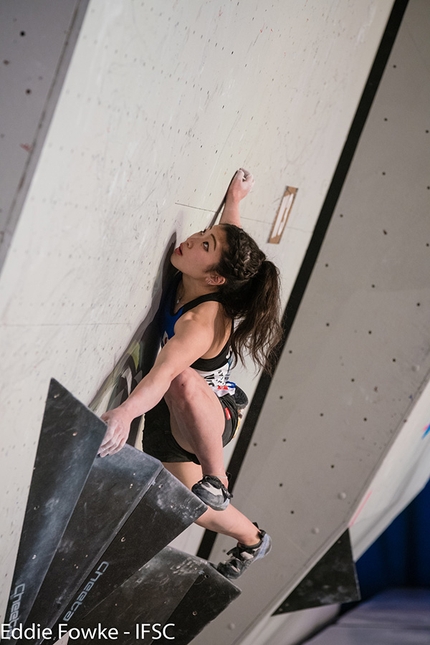 Bouldering World Cup 2017, Meiringen - Miho Nonaka competing in the first stage of the Bouldering World Cup 2017 at Meiringen