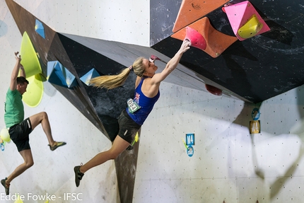Bouldering World Cup 2017, Nanjing - Jernej Kruder and Shauna Coxsey competing in third stage of the Bouldering World Cup 2017 at Nanjing in China
