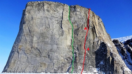 Marek Raganowicz, Baffin Island - Red: The Secret of Silence, North Face of The Ship's Prow, Baffin Island (Marek Raganowicz 16,18, 20, 22.04 - 01.05.2017.) Green: Hinayama (Mike Libecki, 1999)