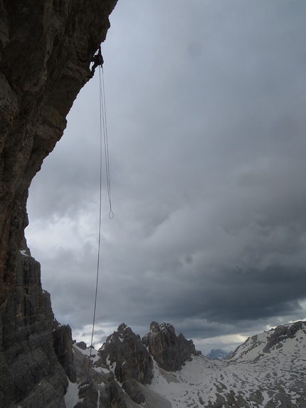 Cima Scotoni, Fanis, Dolomites, Nicola Tondini, Non abbiate paura... di sognare - During the first ascent of 'Non abbiate paura... di sognare', Cima Scotoni, Dolomites in 2013