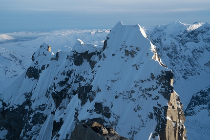 Mount Huntington, Alaska, Clint Helander, Jess Roskelley - Jess Roskelley and Clint Helander making the first ascent of the South Ridge of Mount Huntington, Alaska