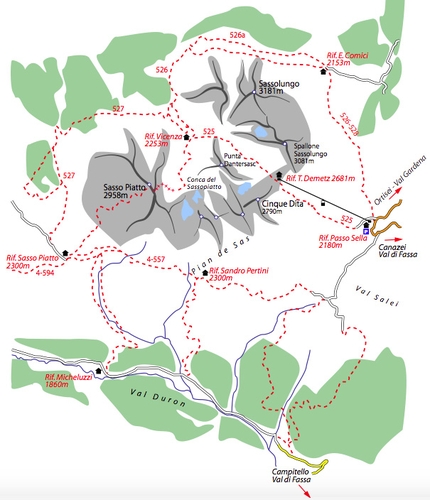 Sassolungo, Sassopiatto, Dolomiti - La mappa dei sentieri del Sassolungo e del Sassopiatto in Dolomiti