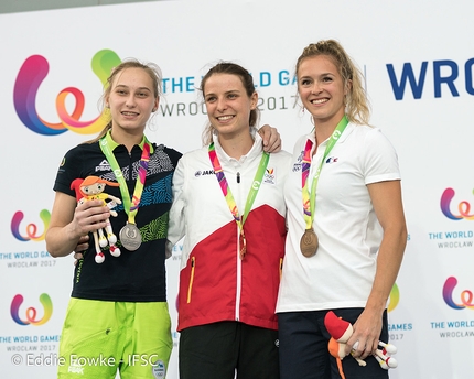 World Games 2017, Wroclaw - Female Lead podium of the World Games 2017 at Wroclaw in Poland: 2. Janja Garnbret 1. Anak Verhoeven 3. Julia Chanourdie