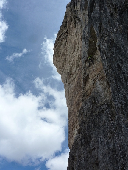 Cima Ovest di Lavaredo, Drei Zinnen, Dolomites - Manuel Baumgartner and Alexander Huber climbing their Schatten der Großen (VII, 330m) up the NW Face of Cima Ovest, Tre Cime di Lavaredo, Dolomites