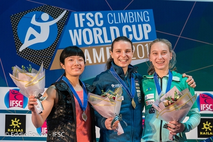 Lead World Cup 2017, Xiamen - Women's podium of the penultimate stage of the Lead World Cup 2017 at Xiamen in China: 2. Ashima Shiraishi 1. Anak Verhoeven 3. Janja Garnbret