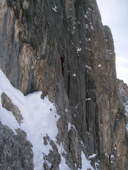 Captain Sky-hook, Civetta, Dolomites - Alessandro Baù and Nicola Tondini during the first winter ascent of Captain Sky-hook, Civetta, Dolomites