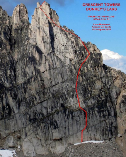 Bugaboos, Canada, From Italy with love, Luca Montanari, Arianna Del Sordo - The route line of From Italy with love sul Donkey’s Ears, Crescent Towers, Bugaboos, Canada (Luca Montanari, Arianna Del Sordo 15-16/08/2017)