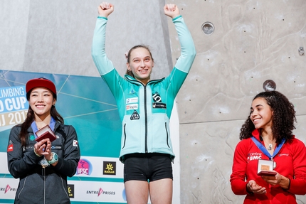 Lead World Cup 2017, Kranj - Female podium of the Kranj stage of the Lead World Cup 2017: 2. Jain Kim 1. Janja Garnbret 3. Molly Thompson-Smith