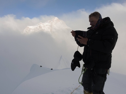 Phungi Peak, Himalaya, Nepal, Yury Koshelenko, Aleksei Lonchinskii - Aleksei Lonchinskii on the summit of Phungi Peak (6538 m) at 16:30 on 28/10/2017, with Manaslu in the background