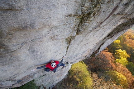 James Pearson Power Ranger, Sunset Rocks, Chattanooga, USA - James Pearson on the first ascent of Power Ranger at Sunset Rocks, Chattanooga, USA - a single line of holds up an otherwise blank wall.
