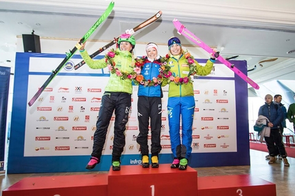 Ski mountaineering World Cup 2018 - Women's Vertical Race podium at the first stage of the Ski mountaineering World Cup 2018 at Wanlong in China: 2. Claudia Galicia Cotrina 1. Axelle Mollaret 3. Alba De Silvestro 