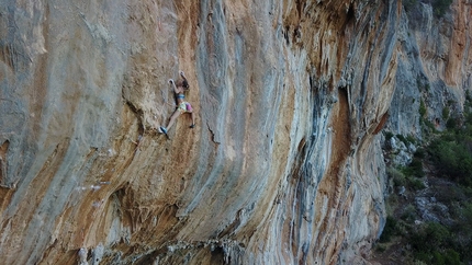 Charlotte Durif, Josh Larson, A World Less Traveled - France's Charlotte Durif making the first ascent of Sequoia love 8a at the crag Babala, Kyparissi, Greece