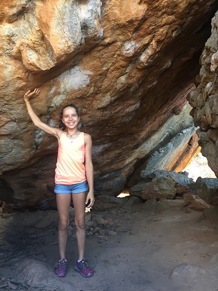 Oriane Bertone - 12-year-old Oriane Bertone below the 8b+ boulder problem Golden Shadow at Rocklands in South Africa