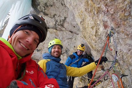 Val Lietres, Dolomites, Once in a Lifetime - Daniel Ladurner, Florian Riegler and Hannes Lemayr making the first free ascent of Once in a Lifetime, Val de Lietres, Dolomites (Daniel Ladurner, Hannes Lemayr, Florian Riegler)