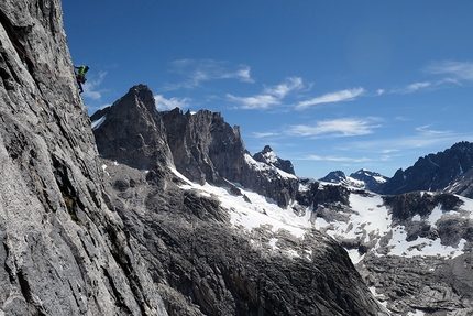 Torres Del Avellano, Patagonia, Chile - Torres Del Avellano, Patagonia, Chile: John Crook making a traverse high on the South Avellano Tower.