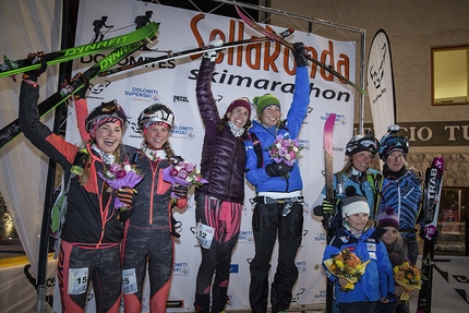 Sellaronda Skimarathon 2018, Dolomiti - Podio femminile della 23° edizione del Sellaronda Skimarathon: 2. Johanna Erhart & Veronika Mayerhofer 1. Alba De Silvestro & Jennifer Fichter 3. Viktoria Kreuzer & Severine Pont-Combe