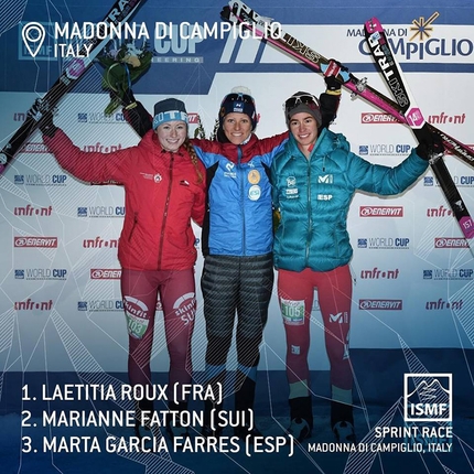 Coppa del Mondo di scialpinismo, Madonna di Campiglio - Madonna di Campiglio Sprint: 2. Marianne Fatton (SUI) 1. Laetitia Roux (FRA) 3. Marta Garcia Farres (ESP)