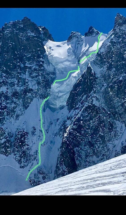Jonathan Charlet, Christophe Henry, Triolet, Mont Blanc - The impressive North Face of Triolet, Mont Blanc massif, and the line of the descent carried out by Jonathan Charlet (ski) and Christophe Henry (snowboard) on 18/04/2018