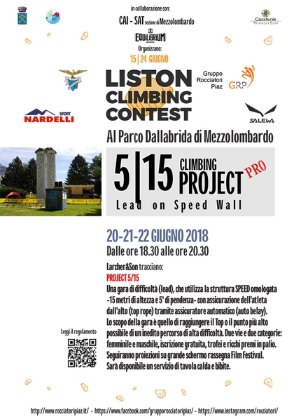 Liston Climbing Contest 2018 - Mezzolombardo - Lead on Speed Wall - concorso aperto a tutti su due vie d'arrampicata tracciate da Rolando Larcher & Alessandro Larcher