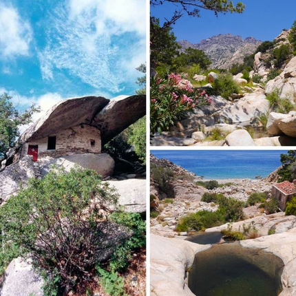 Isola di Ikaria, Grecia, arrampicata - Isola di Ikaria:la chiesa Moni Theoktisti e la spiaggia isolata vicino a Trapalu