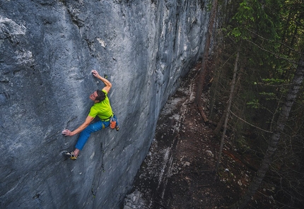 Adam Ondra Disbelief, Canada - Adam Ondra making the first ascent of the 9b slab Disbelief at Acephale in Canada.