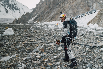 K2 Andrzej Bargiel, first ski descent - Andrzej Bargiel walking to base camp after his historic first ski descent of K2 on Sunday 22 July 2018