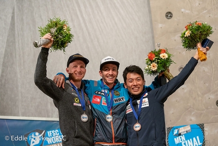 Coppa del Mondo Lead 2018, Kranj - 2. Jakob Schubert 1. Stefano Ghisolfi 3. Masahiro Higuchi, podio maschile della Coppa del Mondo Lead 2018 a Kranj, Slovenia
