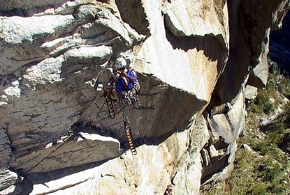 Valle Orco: Valerio Folco, Massimo Farina climb B.A.T. (A3 aid) up Caporal