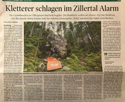 Zillertal bouldering, Zillergrund - National newspaper cutting featuring the risk of closure in Zillertal's Zillergrund Wald. Local climber Gerhard Hörhager explained eloquently 'Boulders like these don't just spring up like mushrooms'