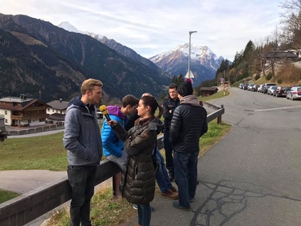 Zillertal bouldering, Zillergrund - Save Zillergrund Wald, Zillertal: Jakob Schubert talking to a journalist
